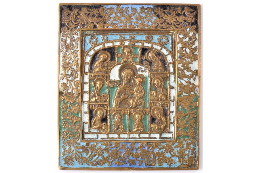 ikona, Dievmāte ar Jēzu Kristu, Jāni Kristītāju un izvēlētiem svētiem, vara sakausējuma, 5-krāsu emalja, Krievijas impērija, 19. gs., 11 x 9.5 x 0.4 cm, 284.95 g.