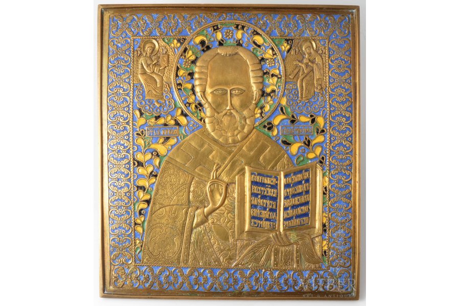 ikona, Svētais Nikolajs Brīnumdarītājs, vara sakausējuma, 5-krāsu emalja, Krievijas impērija, 19. gs., 26.9 x 23.7 x 0.6 cm, 1780.3 g.
