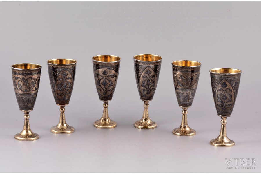 set of 6 small glasses, silver, 875 standard, 290 g, engraving, niello enamel, gilding, h 10.7 cm, USSR