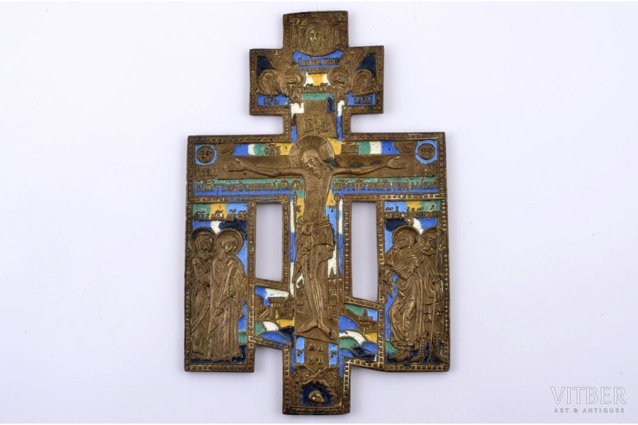 крест, Распятие Христово, медный сплав, 6-цветная эмаль, Российская империя, 2-я половина 19-го века, 22 x 14 x 0.6 см, 578.6 г.