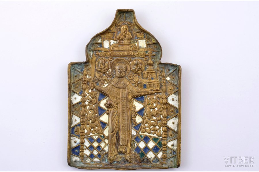icon, Saint Nicholas of Mozhaysk, copper alloy, 3-color enamel, Russia, the 19th cent., 12.5 х 9 x 0.65 cm, 136.6 g.