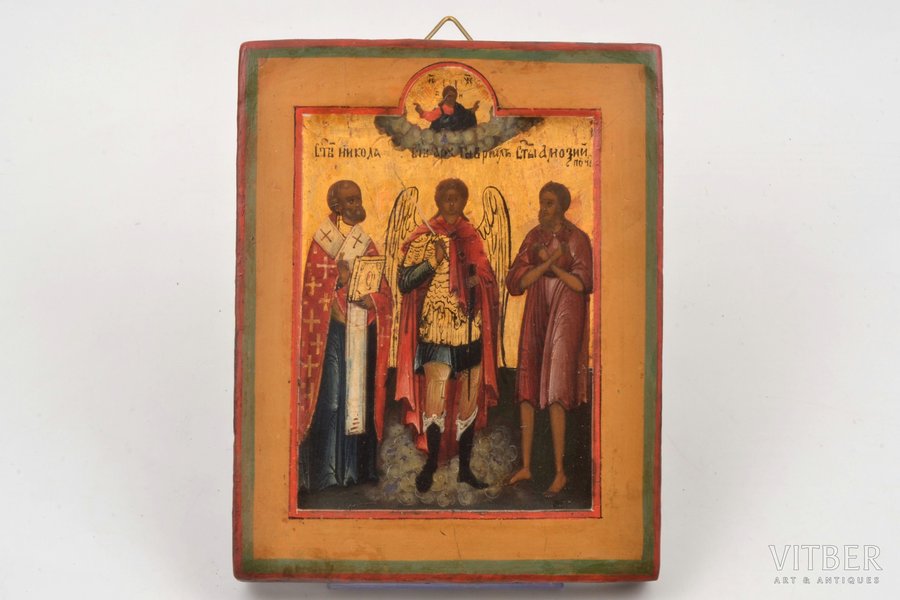 икона, Архангел Гавриил со святыми, доска, живопиcь, Российская империя, 2-я половина 19-го века, 13.5 x 10.5 см