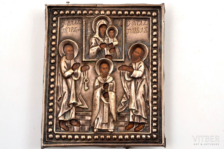 icon, Theotokos, Nicholas and the apostles Peter and Paul, board, silver, painting, Russia, end of the 18th century, 10.5 x 9 cm