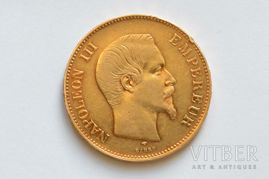 100 франков, 1857 г., A, золото, Франция, 32.08 г, Ø 35 мм, VF, 900 проба