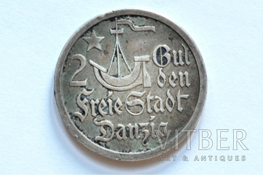 2 гульдена, 1923 г., Вольный город Данциг, серебро, Польша, 9.97 г, Ø 26.5 мм