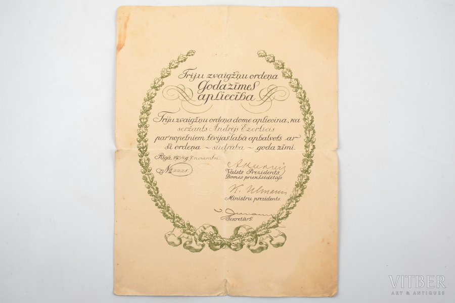 dokuments, Triju Zvaigžņu ordeņa Goda zīmes apliecība, Nr.2228, 2. pakāpe, Latvija, 1934 g., 323 x 248 mm