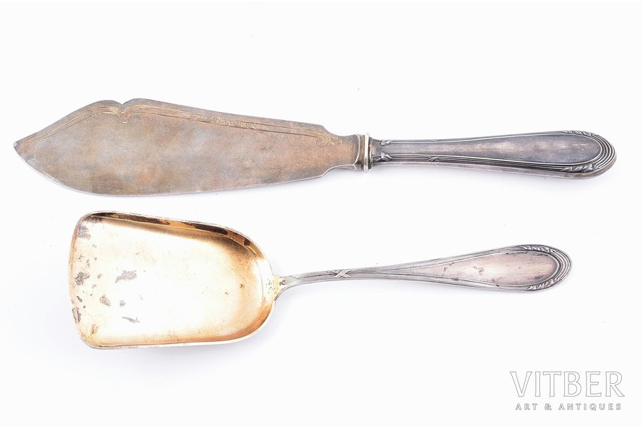flatware set, silver, 2 pcs., 875 standard, 292.50 g, 28.5, 22.8 cm, by Julijs Blums, the 20-30ties of 20th cent., Riga, Latvia