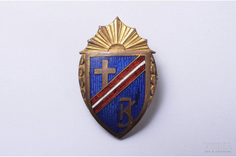badge, "KJ" Kristīgā jaunatne (Christian youth), brass, Latvia, 20-30ies of 20th cent., 35х22.5 mm, К.Wihtolin's workshop
