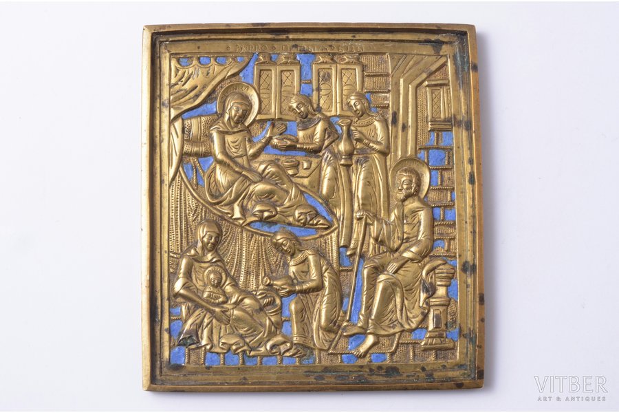 icon, Nativity of the Blessed Virgin Mary, copper alloy, 1-color enamel, Russia, the border of the 19th and the 20th centuries, 10 x 9.2 x 0.65 cm, 220.7 g.