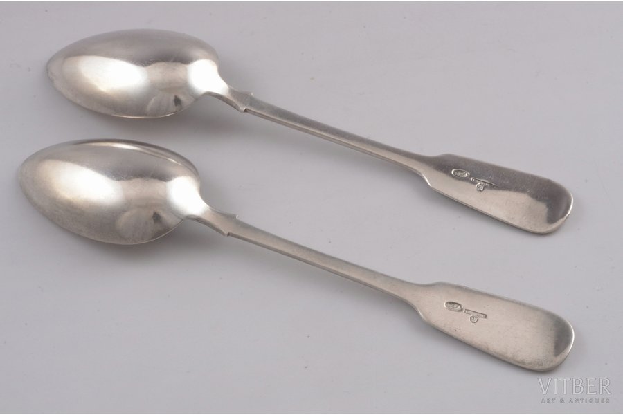 pair of spoons, silver, 84 standart, total weight of items 155.10 g, 21 cm, Ivan Khlebnikov factory, 1908-1917, Moscow, Russia