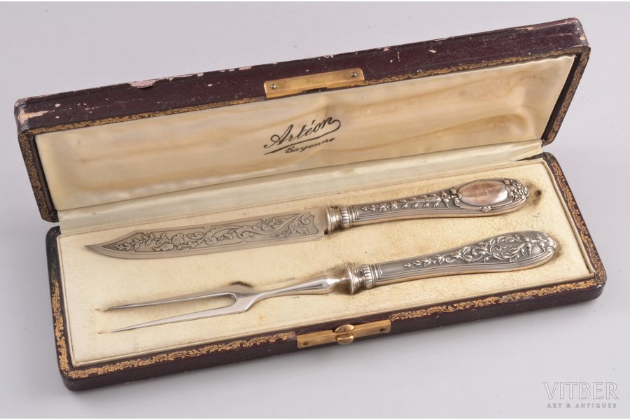 set, fork, knife, metal / silver, 950 standart, the beginning of the 20th cent., France, 21.5 cm