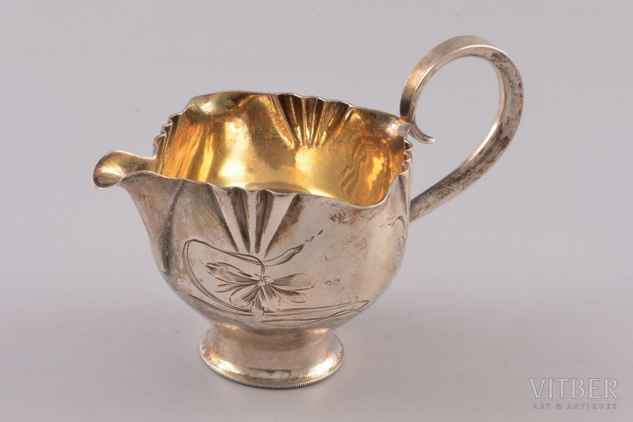 cream jug, silver, 84 standard, 76.5 g, engraving, gilding, 7.5 cm, 1898-1907, Moscow, Russia