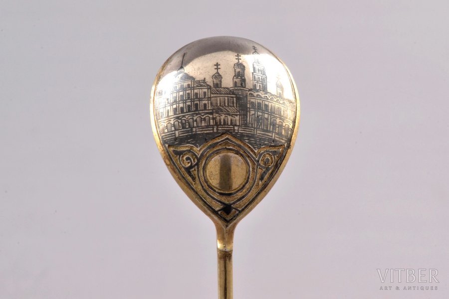 spoon, silver, 84 standard, 16.9 g, engraving, niello enamel, gilding, 13 cm, workshop of Vasily Dmitriev, 1881, Moscow, Russia
