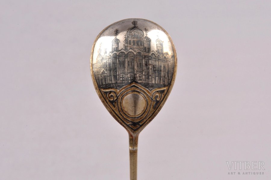 spoon, silver, 84 standard, 15.4 g, engraving, niello enamel, gilding, 13 cm, workshop of Vasily Dmitriev, 1881, St. Petersburg, Russia