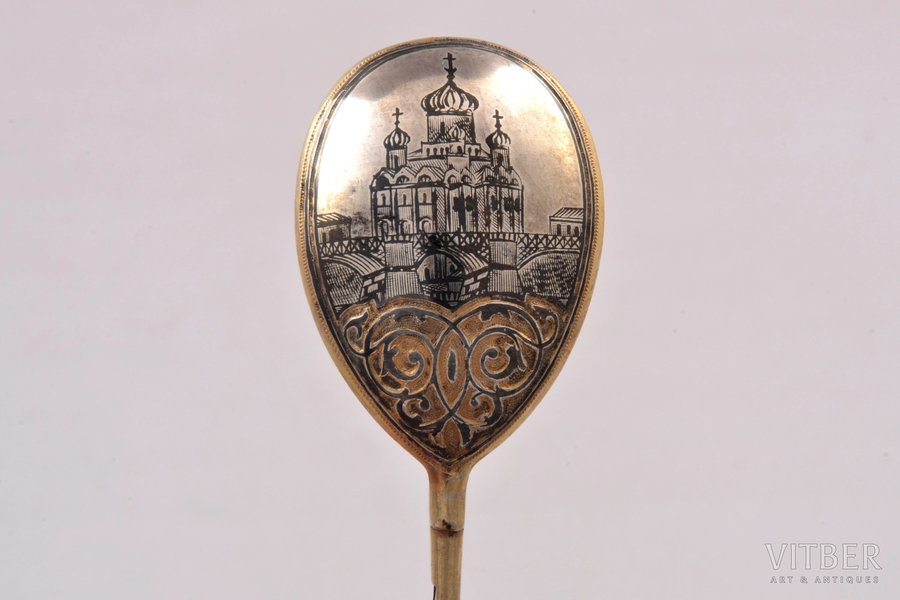 spoon, silver, 84 standard, 20.6 g, engraving, niello enamel, gilding, 14.5 cm, by Akimov V., 1892, Moscow, Russia