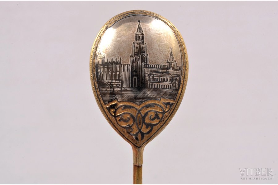 spoon, silver, 84 standard, 22.65 g, engraving, niello enamel, gilding, 14.5 cm, by Akimov V., 1887, Moscow, Russia