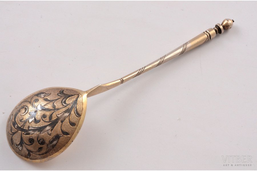 spoon, silver, 84 standard, 33.6 g, engraving, niello enamel, gilding, 16.2 cm, Konstantin Yakovlevich Pec's workshop, 1849, Moscow, Russia
