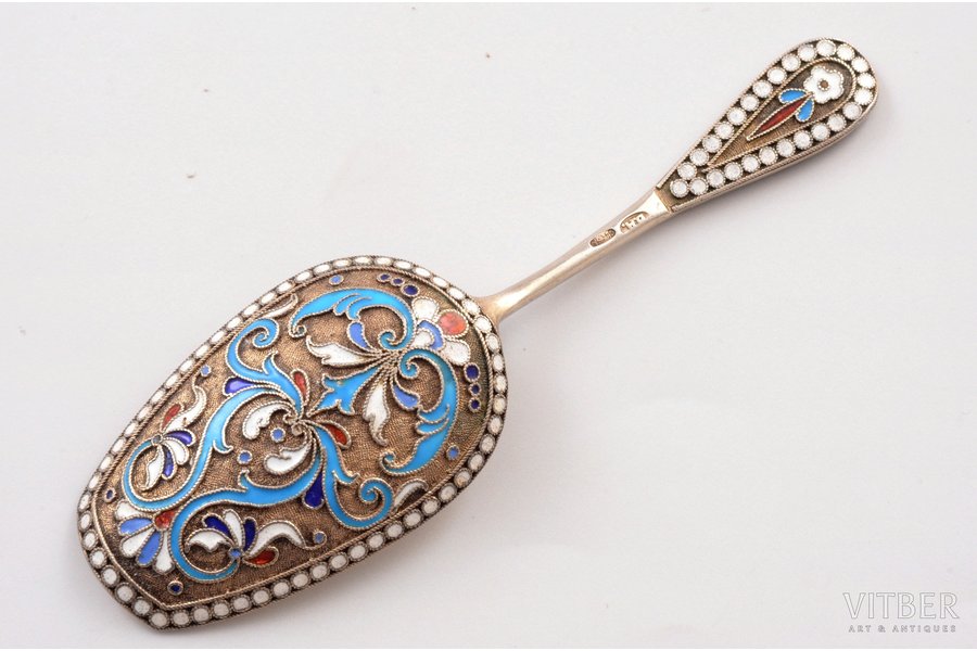 tea caddy spoon, silver, 84 standard, 26 g, cloisonne enamel, 11.45 cm, 1898-1907, Moscow, Russia