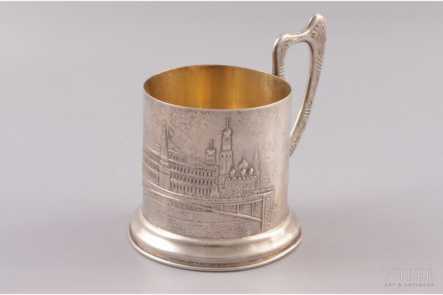 tea glass-holder, silver, the Moscow Kremlin, 875 standard, 149.55 g, gilding, silver stamping, 10 cm, Moscow Jewelry Factory, 1927-1946, Moscow, USSR, minor dents on the base