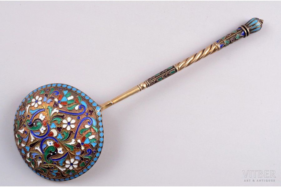 spoon, silver, 84 standard, 67.4 g, cloisonne enamel, gilding, 18.5 х 6 cm, handicraft institution of Mikhail Alexandrov, 1898-1907, Moscow, Russia