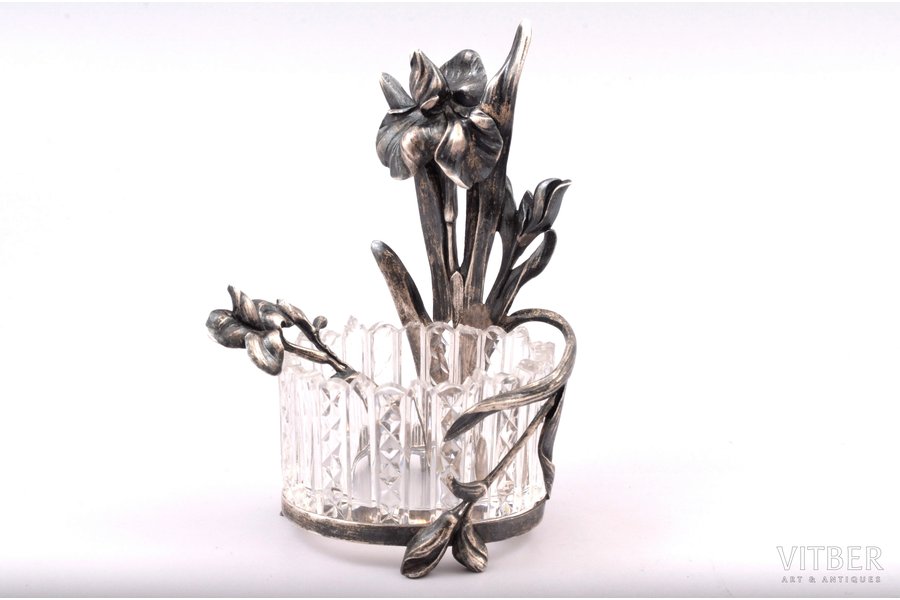 salt cellar with salt spoon, silver, Art Nouveau style with crystal insert, 88 standard, silver weight, 11 cm, trading house of Bolin Factory, 1898-1908, Moscow, Russia, insert has chips on teeth