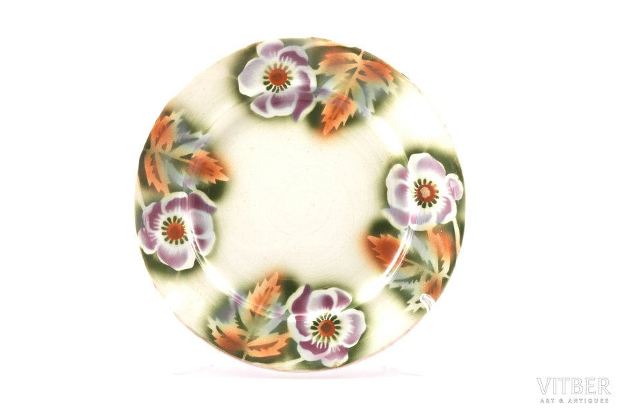 decorative plate, floral motif, faience, Konakov fayance factory, USSR, 1927-1928, Ø 24 cm, technological trace is shown on the photos, there are no cracks and defects