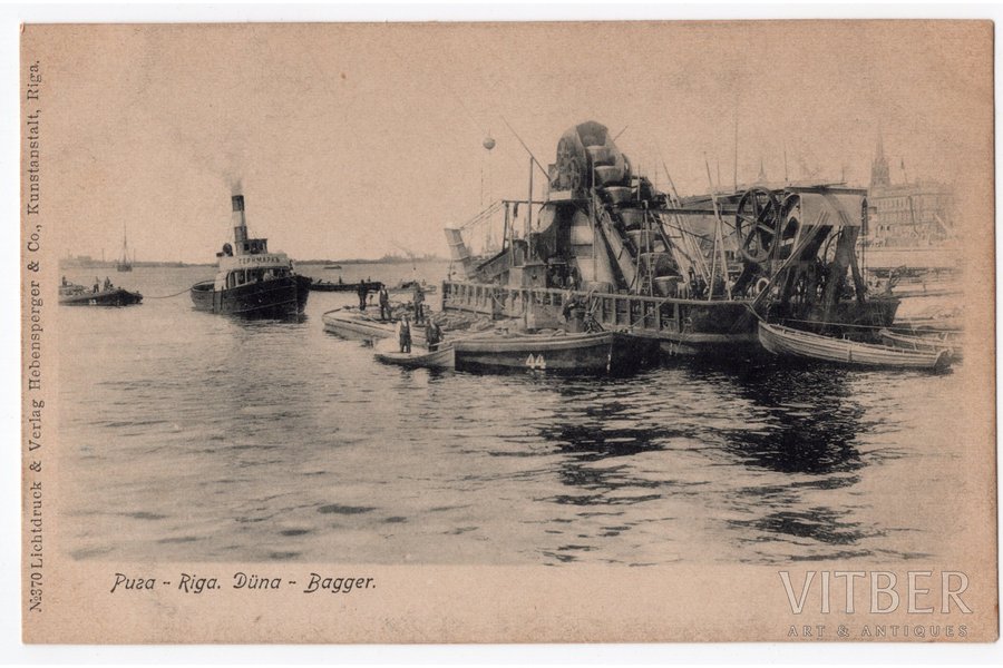 открытка, Рига, Земснаряд на реке Даугава, Латвия, Российская империя, начало 20-го века, 14x9 см