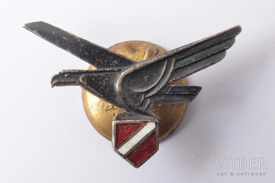 badge, Aeroclub, silver, Latvia, 20-30ies of 20th cent., 22 х 34 mm, 3.05 g