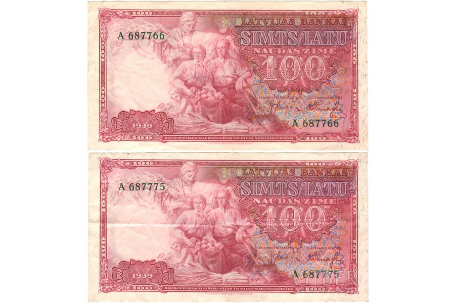 100 latu, banknote, 1939 g., Latvija, XF, VF