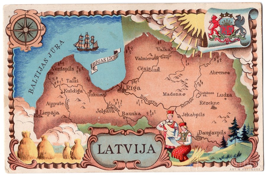 открытка, карта Латвии, Латвия, 20-30е годы 20-го века, 14,7x9,6 см