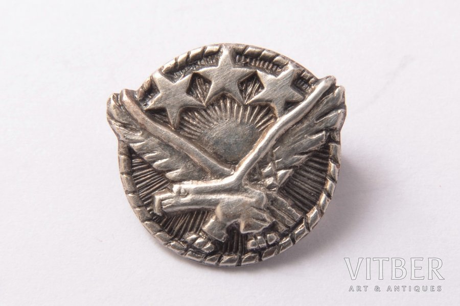 badge, "Latvijas vanagi" (Latvian hawks), silver, 925 standard, Latvia, 90-ies of 20-th cent., 15.7 x 16.7 mm, 2.38 g