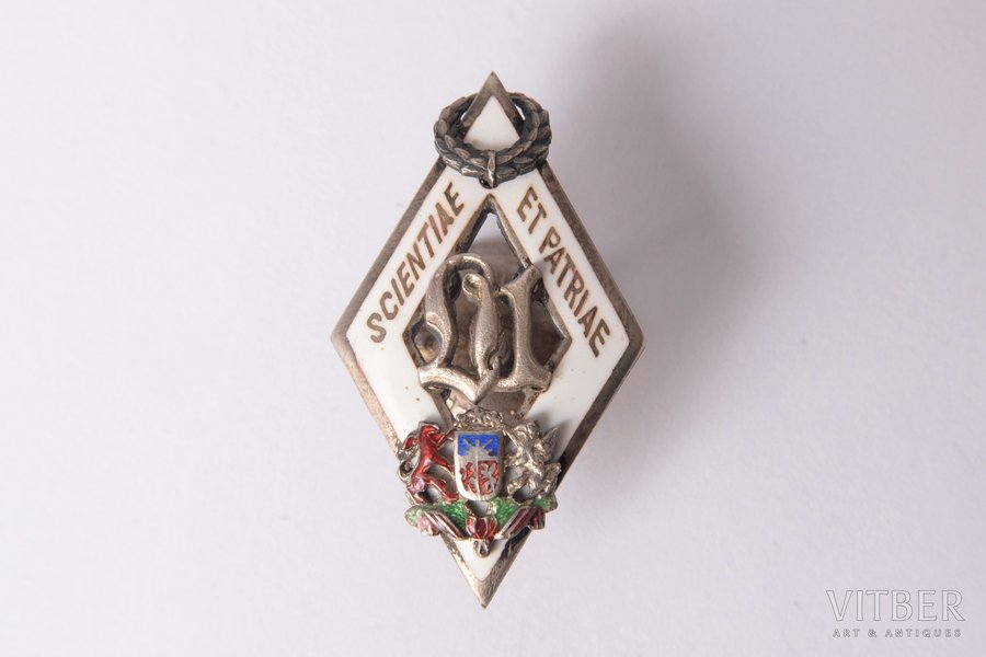 badge, student's badge, University of Latvia (small size), Nº 419, silver, enamel, 875 standard, Latvia, the 30ies of 20th cent., 30.8 x 18 mm, 4.29 g, "Vilhelms Fridrichs Müller" manufactory
