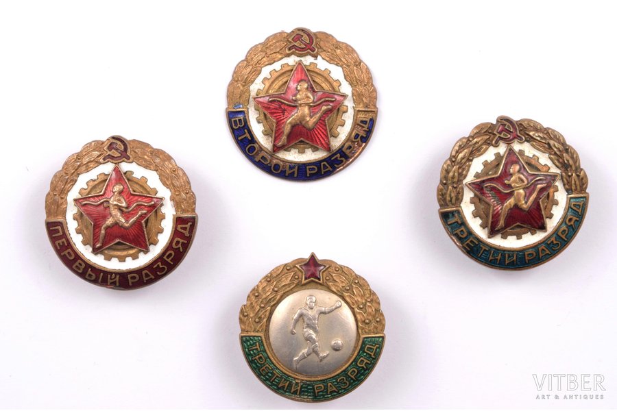 badge, 1st, 2nd, 3rd class in runnig and 3rd class in football, USSR, 50ies of 20 cent., Ø 29 mm, enamel defects, screw is missing on the 2nd class