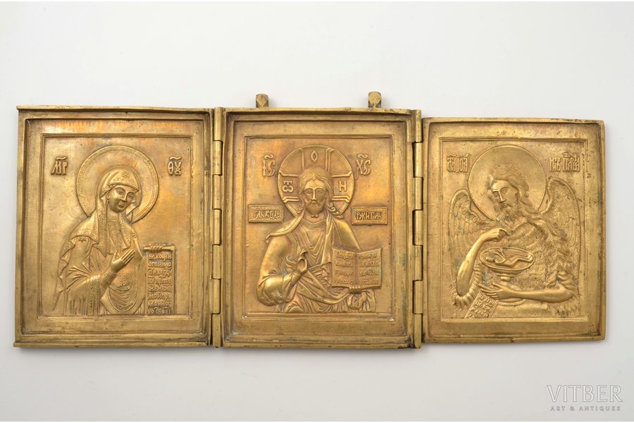 icon with foldable side flaps, Deesis: Jesus Christ, Holy Virgin Mary and St. John the Baptist, copper alloy, Russia, 17.4 x 40.3 x 1.3 cm, 2200 g.