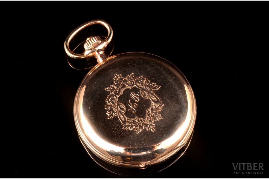 pocket watch, the beginning of the 20th cent., gold, inner cover gilded, 585 standart, 79.3 g, Ø 49 mm