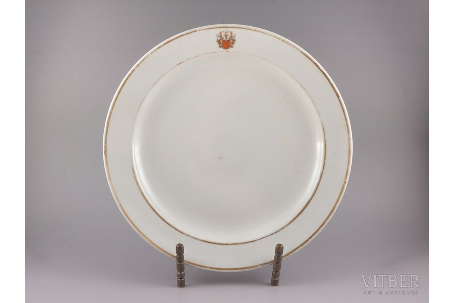dish, coat of arms of the Korf family, porcelain, Imperial Porcelain Manufactory, Russia, 1826-1855, Ø 35.5 cm, Baron Modest Andreevich, a co-educate of Pushkin at the Tsarskoye Selo Lyceum from its foundation, under Nicholas I was the state secretary and after D. P. Buturlin - director of the Imperial Public Library. Restoration of hairline crack in the central part