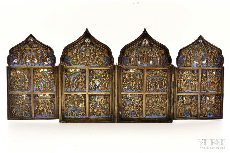 icon with foldable side flaps, Great Feasts, copper alloy, 6-color enamel, Russia, 40.2 x 17.9 cm, 1586 g.