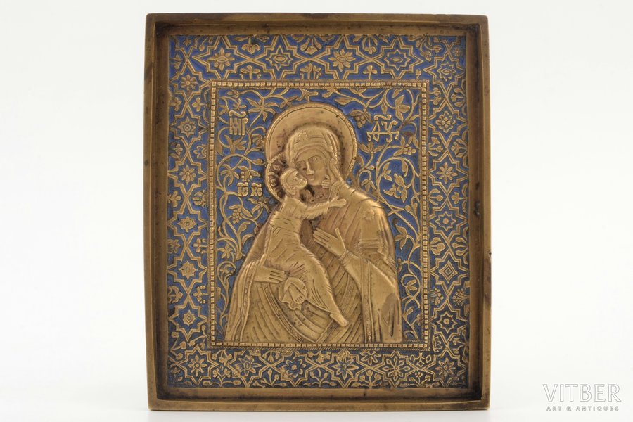 ikona, Dievmāte "Eleusa", vara sakausējuma, 1-krāsu emalja, Krievijas impērija, 19. un 20. gadsimtu robeža, 14 x 12.3 x 0.7 cm, 410.8 g.