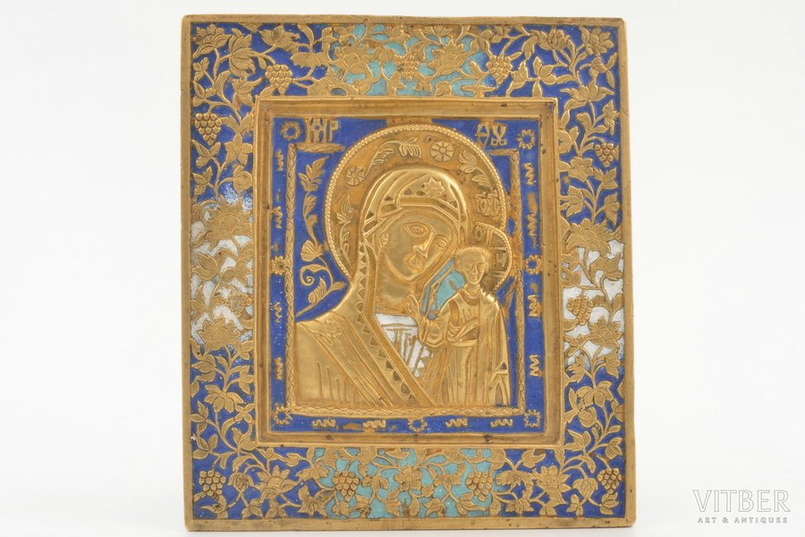 икона, Казанская икона Божией Матери, медный сплав, 5-цветная эмаль, Российская империя, 19-й век, 11.6 x 10.1 х (0.35-0.55) см