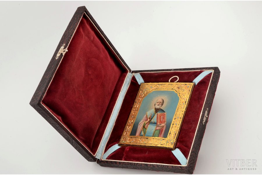 ikona, Svētais Nikolajs Brīnumdarītājs, dēlis, vizuļzelts, Krievijas impērija, 19. un 20. gadsimtu robeža, 13.4 x 11.1 x 1.8 cm, ciprese