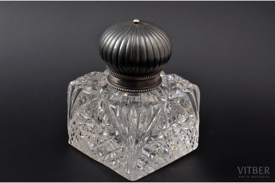 ink-pot, silver, 84 standard, 972 g, cut-glass (crystal), 7.6 x 7.6 x (H) 10.8 cm, workshop of Drozzhin M.I., 1098-1917, St. Petersburg, Russia