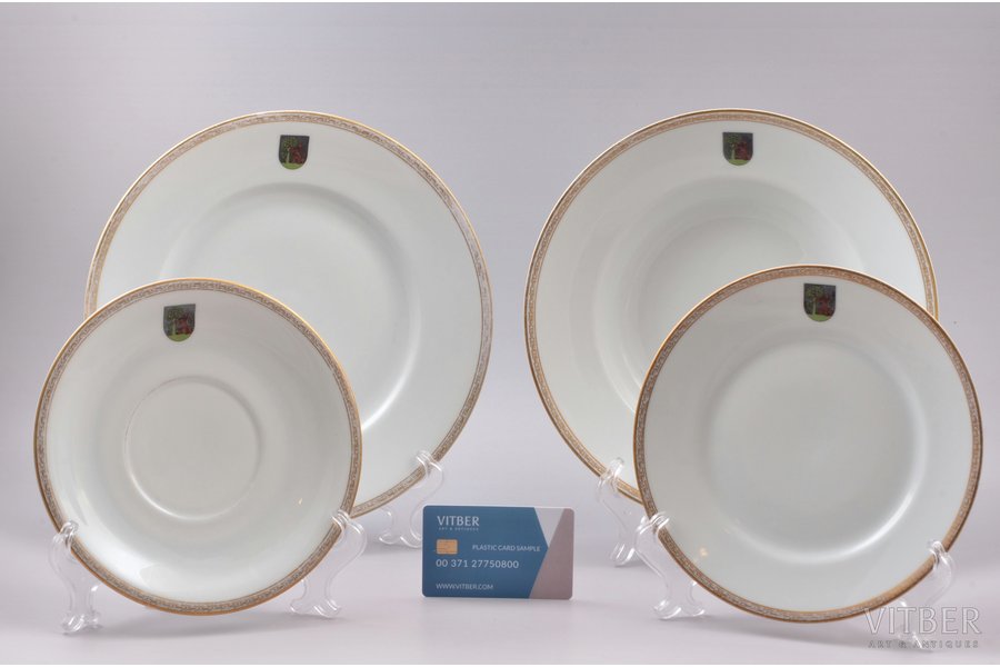 set of plates, Coat of arms of the city of Liepaja, from a departmental service, porcelain, M.S. Kuznetsov manufactory, Riga (Latvia), 1934-1936, Ø 24.8 / 24.3 / 19.5 / 18.3 cm, first grade