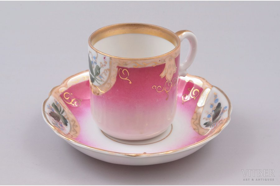 tējas pāris, porcelāns, Gardnera porcelāna rūpnīca, Krievijas impērija, 19. gs. 2. puse, tasītes augstums 5.6 cm, šķīvīša Ø 11.4 cm