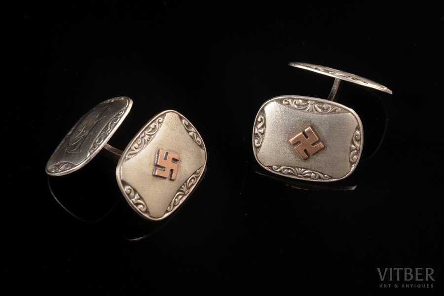 запонки, огненный крест, серебро, 875, 900 проба, Латвия, 20е годы 20го века, 7.65 г