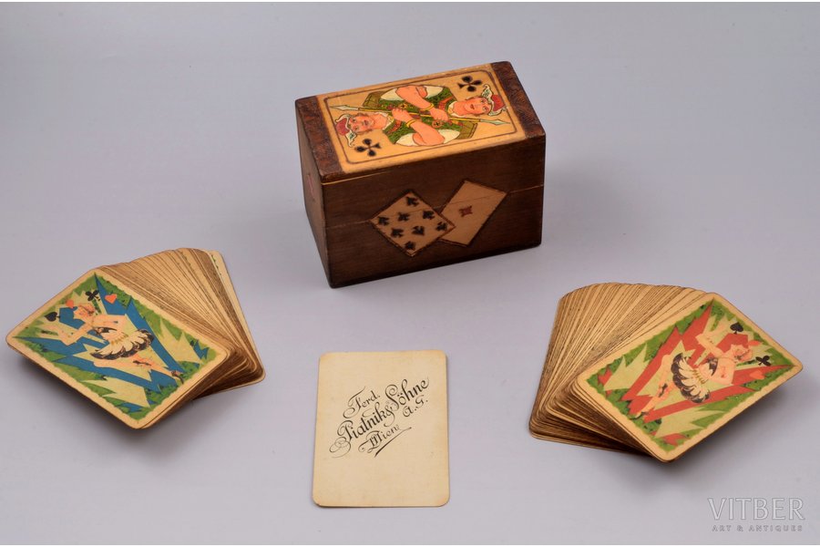 set of playing cards, Ferd. Piatnik & Söhne A.G., 2 sets (55 + 55 pcs.), Austria, 20-30ties of 20th cent., in a wooden box, box size 7.6 x 11.5 x 6.2 cm