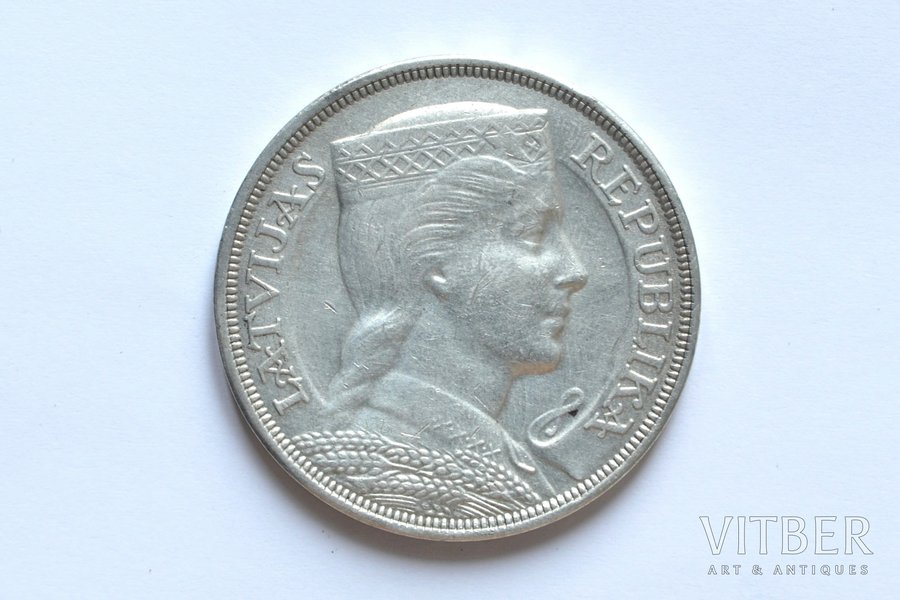 5 латов, 1929 г., серебро, Латвия, 25 г, XF