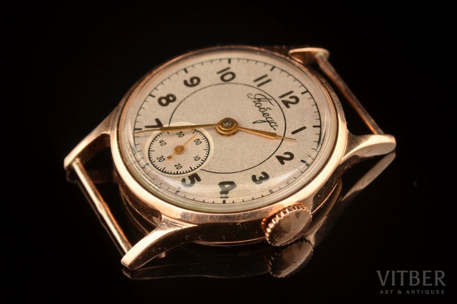 наручные часы, "Победа", СССР, 60-е годы 20го века, золото, 583 проба, 24.57 г, Ø 28.5 мм, механизм в рабочем состоянии, вес золота 14.79 г