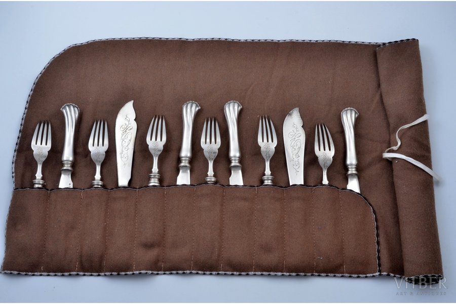 set of 6 forks and 6 knives, silver, 84 standard, 906.6 g, ( forks 411.45 g / knives 495.15 g ), engraving, 18.5 / 22 cm, trading house of Bolin Factory, 1894, Moscow, Russia