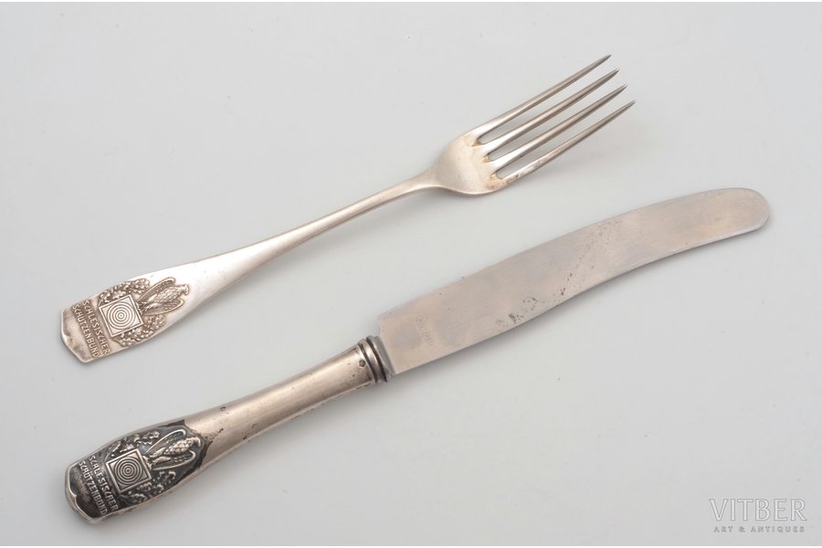 fork, knife, silver, Silesian Riflemen's League (Schlesischer Schützenbund), 800 standard, fork 70.9 g / knife 110.9 g, 26 / 21 cm, the beginning of the 20th cent., Germany