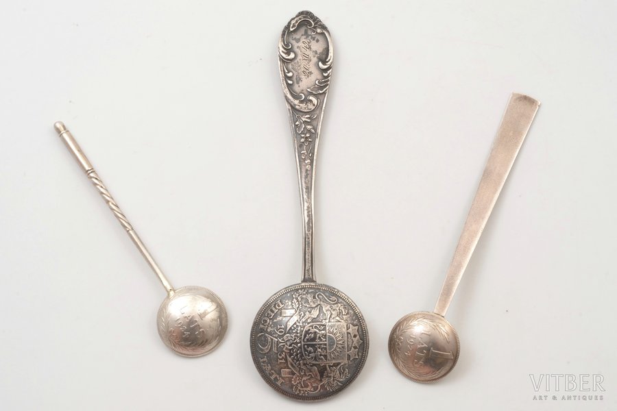 set of spoons, silver, made from coins of 1 and 5 lats, 58.2 g, 12.7 / 9.9 / 9.1 cm, the 20-30ties of 20th cent., Latvia